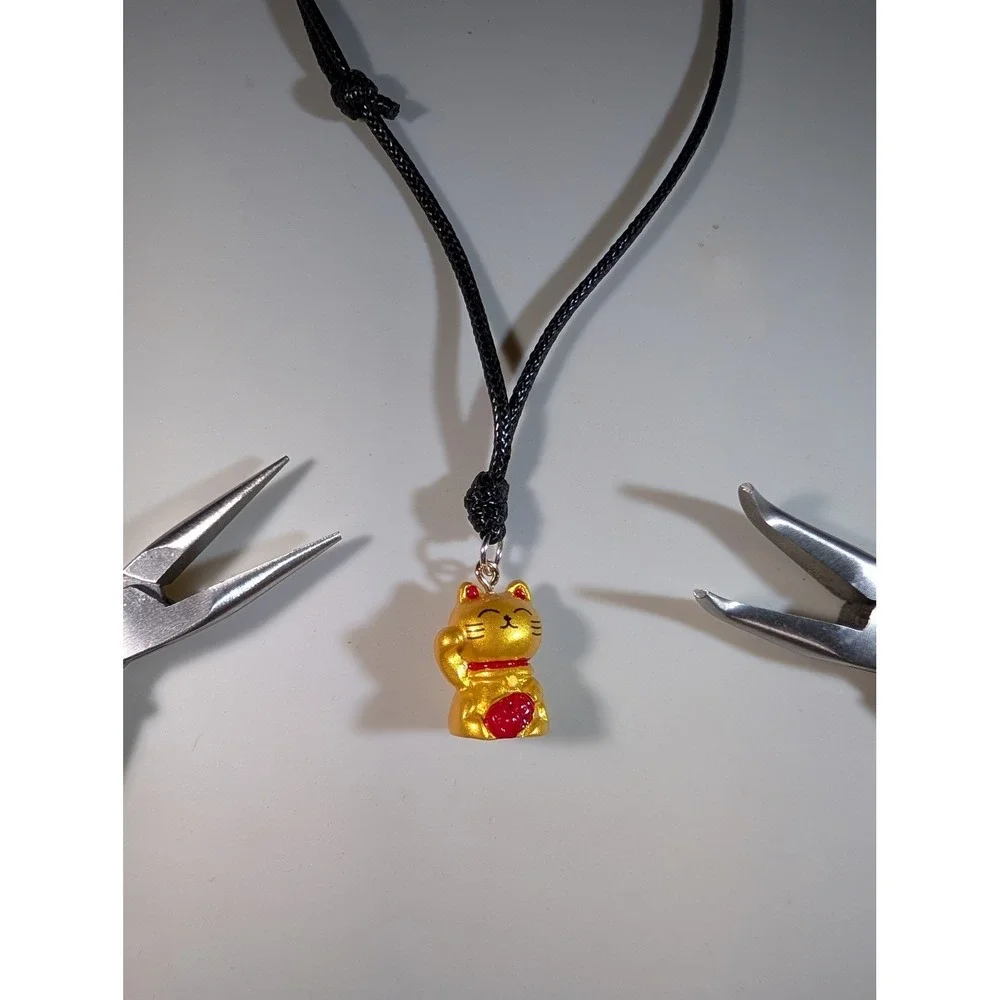 Gold Maneki Neko Lucky Cat Pendant Necklace Adjustable Black Cord Good Fortune